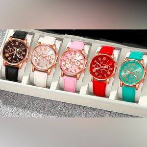 5 Quartz Watches: Black, White, Pink, Red, and Teal, NIP